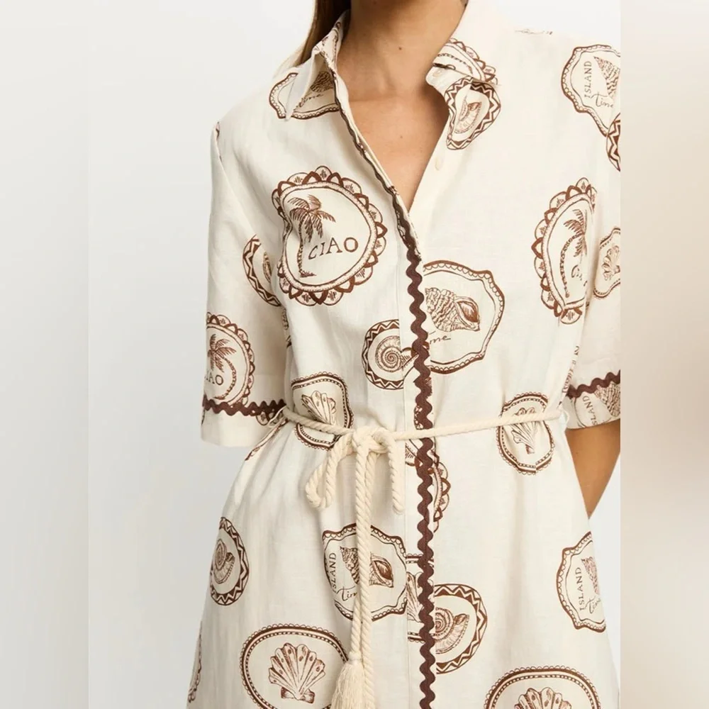 NWT Island Postcard Print Button-Down Midi Shirt Dress Belted, Boho Summer S-2XL - Picture 2 of 8